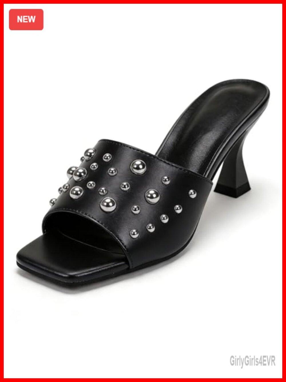 Studded PU Leather Kitten Heel Sandals Square Open Toe Slip On Mules
